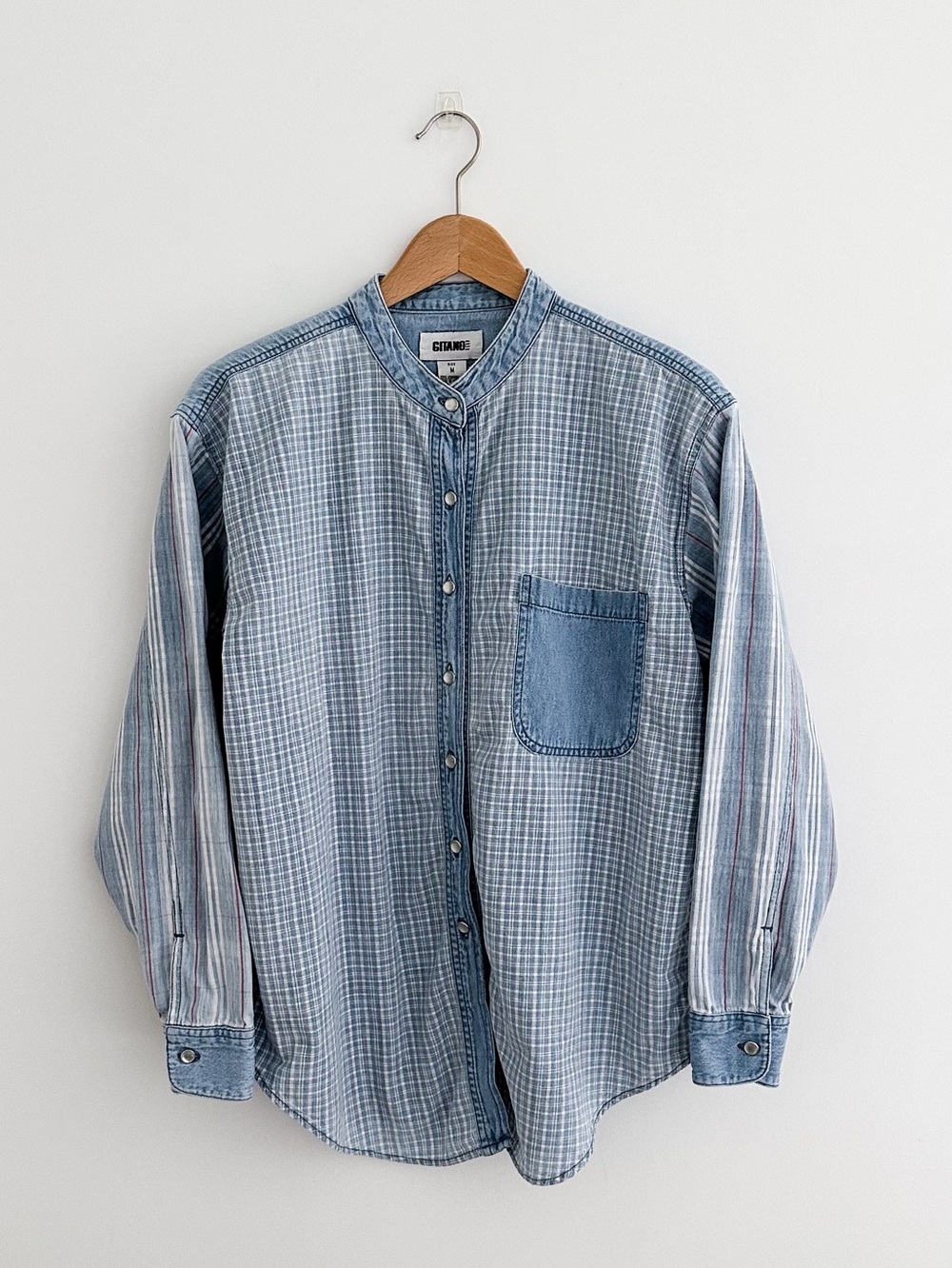 90s Vintage Gitano Mixed Print Denim Plaid Stripe Snap Front Shirt Size Medium
